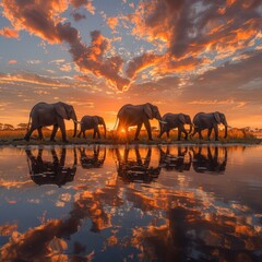 A group of animals walk along the water's edge at dusk, their silhouettes reflected in the calm waters, with distant clouds adding depth to the scene.