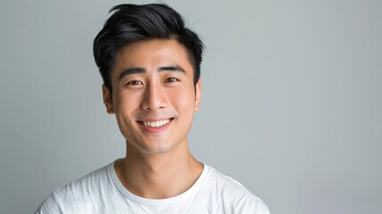 Wall Mural - confident and handsome young asian man smiling against isolated background studio portrait