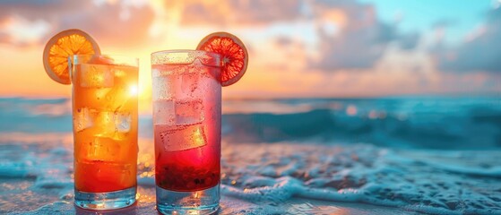 Two glasses of cocktails on the beach at sunset.