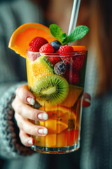 Sticker - woman hands hold healthy fruit smoothie with fruits and berries in glass