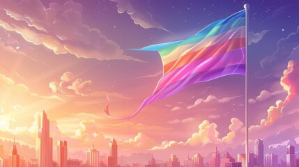 Wall Mural - A colorful flag is flying high in the sky above a city