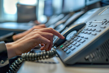 Poster - employee's hands answering a phone call in an office