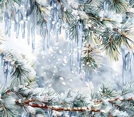 Serene Winter Wonderland with Glistening Icicles and Swirling Snowflakes