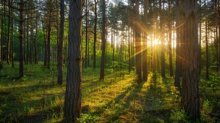 Canvas Print - a sunbeam in a forest with trees and grass on the ground and the sun shining through the trees..