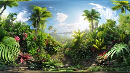 Poster - immersive 360degree equirectangular panorama of lush tropical rainforest paradise illustration