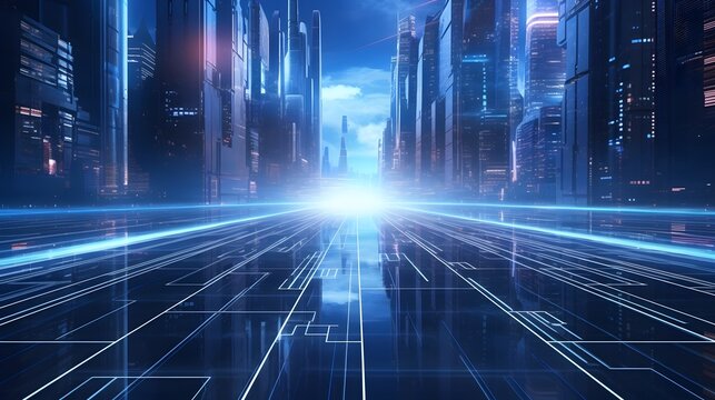 futuristic cityscape background with glowing blue lines. high-tech skyscrapers. generative ai.