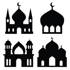 Sticker - Set of Islamic ornament icons with mosque black vector on white background