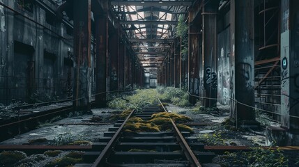 Sticker - a train track in a run down building with graffiti on it's walls and a skylight above..