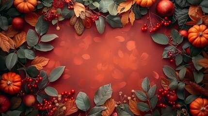 Wall Mural - thanksgiving decorations, festive autumn border with pumpkins, leaves, and fruits for a thanksgiving background