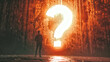 © nextzimost - Silhouette of a person standing in front of a large illuminated question mark on a textured wall. Concept of curiosity, inquiry, and mystery. Design for poster, wallpaper, and print.