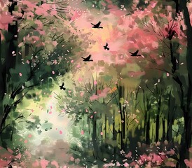 Wall Mural - Vibrant Cherry Blossom Grove with Ethereal Songbirds Amid Lush Bloom Filled Landscape