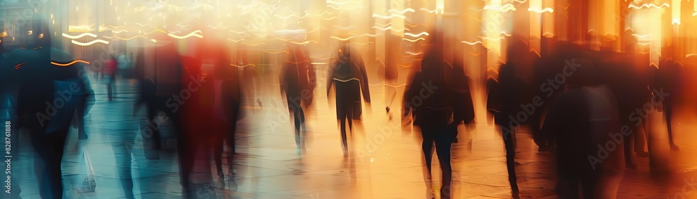 Abstract image of a bustling city street at night with blurred figures ...