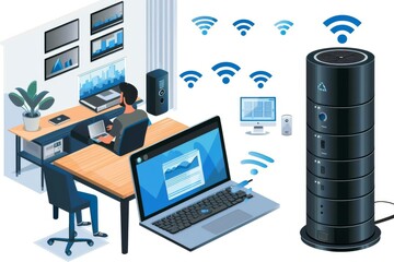 Poster - Modern workspace with multiple devices and a server, wireless signals, technology integration, digital illustration, blue tones, connectivity, productivity, futuristic office