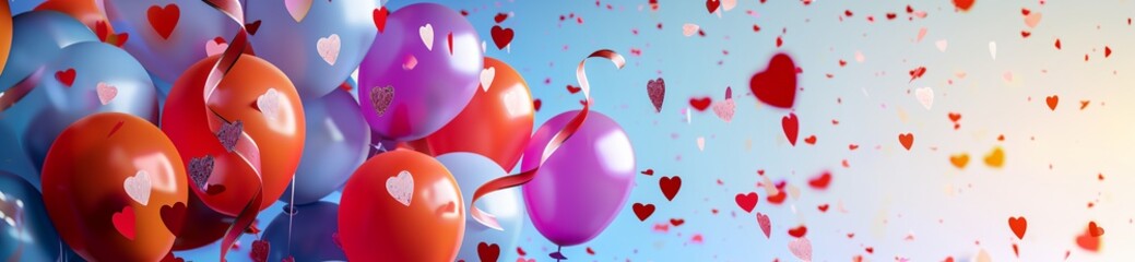 Wall Mural - a bunch of balloons floating in the air with hearts on them and a sky background
