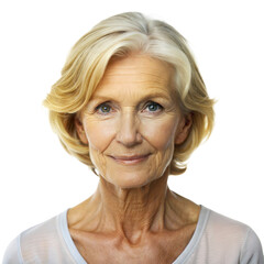 An elderly woman with blonde hair and blue eyes smiles warmly, captured in bright indoor lighting