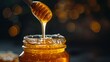 © sadewotito - Golden honey dripping from a wooden dipper into a glass jar with sparkling background. Generative Ai
