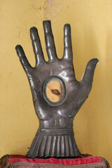 Reliquary with a Catholic relic in the shape of a hand, Abbot's treasury in the Saint Mark Church in Korcula, Korcula island, Croatia