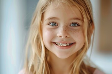 with a charming smile, caucasian girl wearing braces sits in orthodontist's office, her gaze directe
