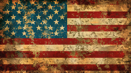 4th of july :A weathered and distressed American flag, showing signs of wear and age, with the stars and stripes still prominently visible despite the damage.