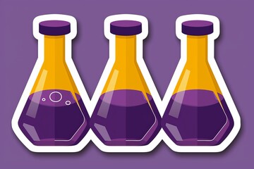 Sticker - Three purple and yellow chemistry flasks in a minimalist vector illustration on a white background, emphasizing simplicity and clean design in modern scientific art