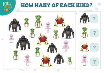 Wall Mural - How many of each kind cartoon robot kids counting game vector illustration