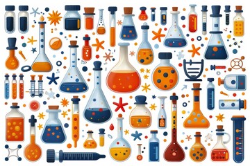 Sticker - Diverse collection of chemistry lab equipment in a colorful vector illustration on a white background, highlighting scientific tools and experimentation