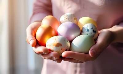 Wall Mural - Close up of hand cradling fresh multi-colored eggs pastel hues of easter eggs, Ai Generated