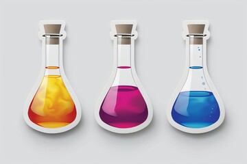 Poster - Set of potion bottles with colorful liquids in a minimalist vector illustration on a light gray background, emphasizing simplicity and clean design in modern alchemical art