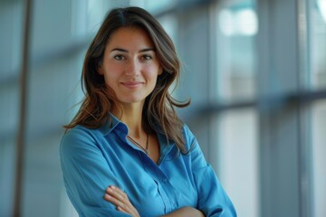 Wall Mural - Confident young professional woman in blue shirt smiling indoors.