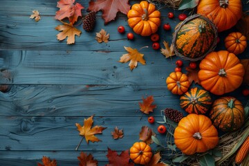 Wall Mural - thanksgiving banner with pumpkins, cornucopia, and autumn leaves on a rustic wooden table evoking the festive spirit of the holiday