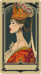 The Empress tarot card design, shown in flat design with a maternal theme, side view, colored pastel, analogous color scheme