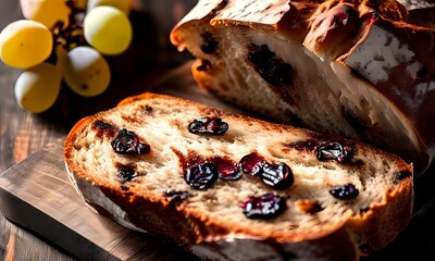 Wall Mural - Overhead view of sliced raisin bread with a carpet of glistening grapes seeds visible, Ai generated