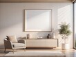 © SUPERMOCKUP - A white framed picture hangs on a wall in a living room