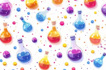 Sticker - Whimsical vector illustration of colorful potion bottles on a white background, emphasizing magical and fantasy themes with a vibrant design