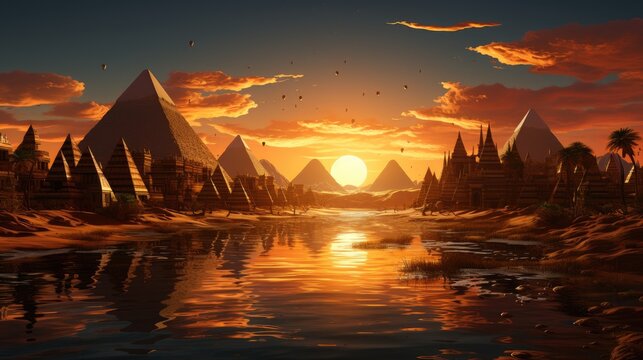 
Egyptian pyramids in modern style. Night in Egypt in the sun, sunset in Egypt. Beautiful pyramids in the desert. Beautiful sunset or sunrise photo picture. Egyptian night.