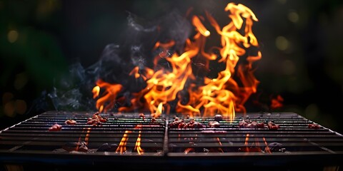 Wall Mural - Fiery flames engulf empty barbecue grill against a sleek black backdrop. Concept Product Photography, BBQ Grill, Fiery Flames, Black Backdrop, Empty Grill
