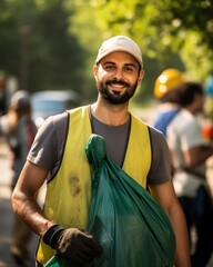 A focused man in a cap and green vest, carrying a trash bag while participating in a neighborhood cleanup with other volunteers, highlighting community involvement and care for the environment