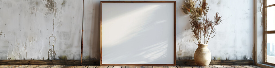 Large blank frame leaning against a white wall, wood frame, resting on wooden parquet