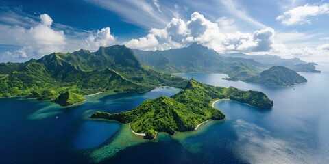 Poster - Stunning aerial panorama of lush green tropical islands surrounded by the bright blue water of a calm sea, exemplifying a serene vacation paradise