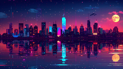 Wall Mural - Pixel art of a city at night