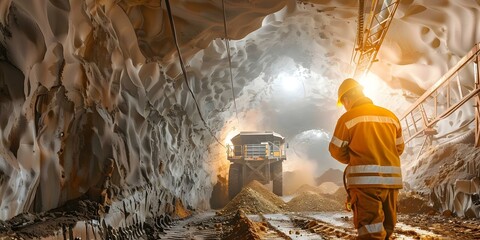 Gold miner extracting ore in underground mine. Concept Gold Mining, Underground Operations, Ore Extraction, Mining Equipment, Resource Extraction