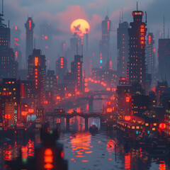 megacity at dusk in voxel art style