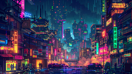 Wall Mural - Pixel art of a high-energy cyberpunk city at night with vibrant neon colors