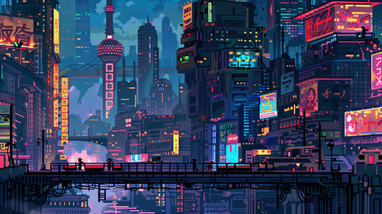 Wall Mural - Pixel art of a high-energy cyberpunk city at night with vibrant neon colors