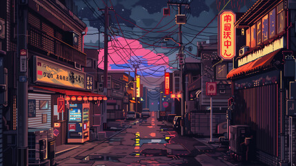 Wall Mural - Pixel art of a cyberpunk city street in a game art style