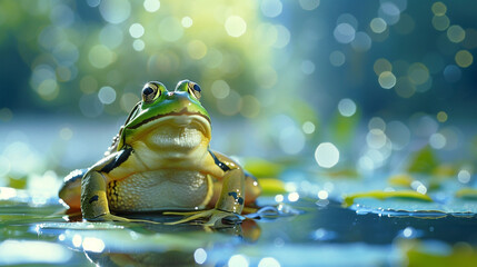 Wall Mural - A contented frog basking in the sunlight, its relaxed pose accentuated by the calming blue hues of the background. 8k --ar 16:9 --v 6.0 --s 250** - Image #4 @Technical786