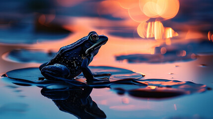 Wall Mural - A frog striking a majestic pose on a lily pad, its silhouette outlined against the tranquil blue backdrop. 