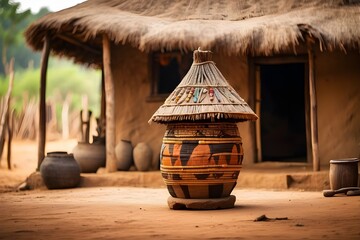 Canvas Print - A traditional African hut in a rural village setting, African culture, bokeh, with copy space