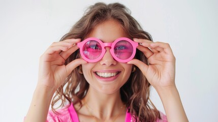 Wall Mural - Optometry, vision, and woman testing on new prescription frame. Smiley woman trying on glasses to improve eyesight in optical store or clinic.