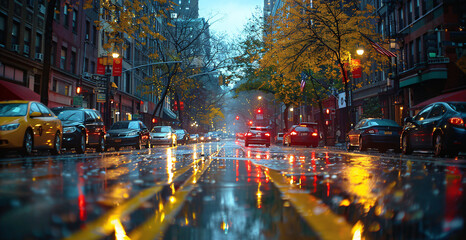 Wall Mural - Streetscape of a Rainy street in the City, Urban Life concept